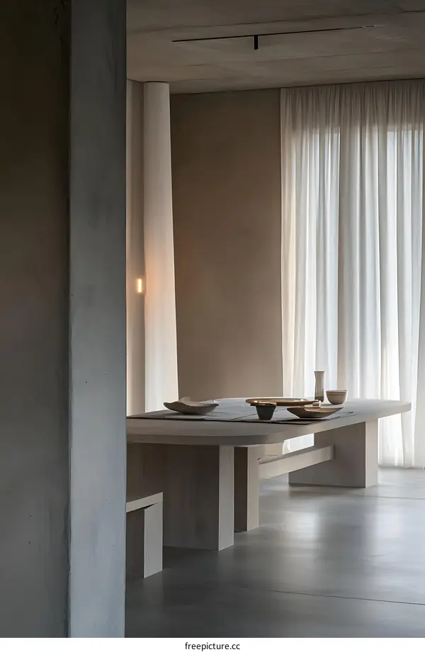 Modern Minimalist Dining Room Design With Wooden Table And Beige Walls