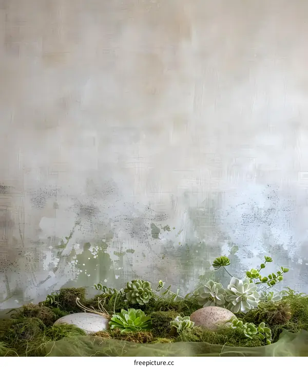 Succulent Plants and Stones on a Green Moss Background with a Rustic Wall
