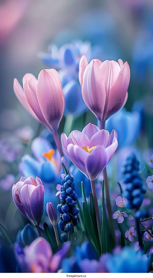 Purple and blue flowers in a field