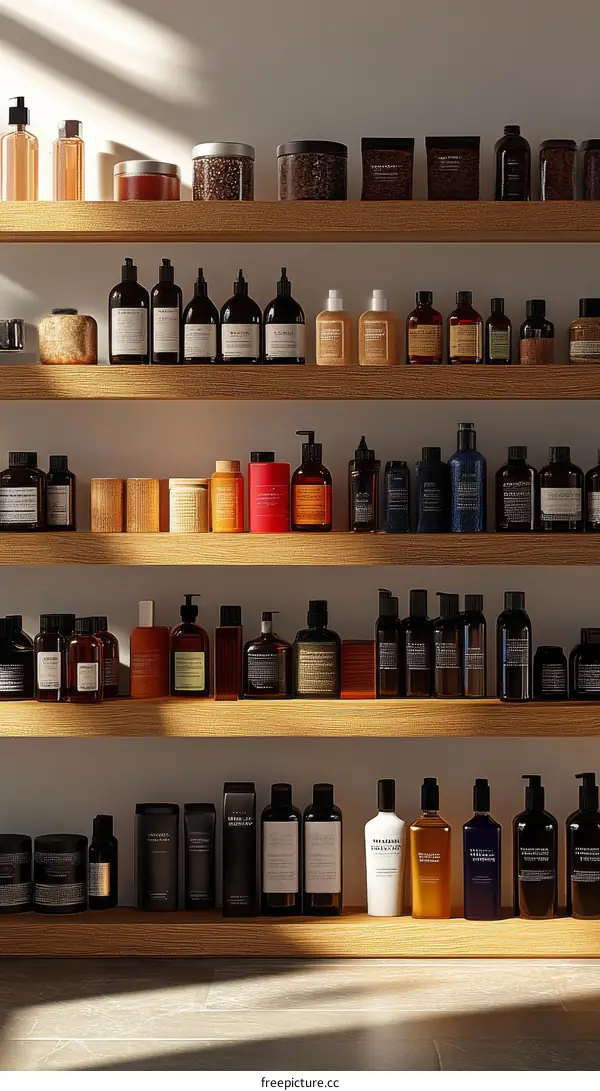Wooden Shelving Displaying Various Natural Hair Care Products