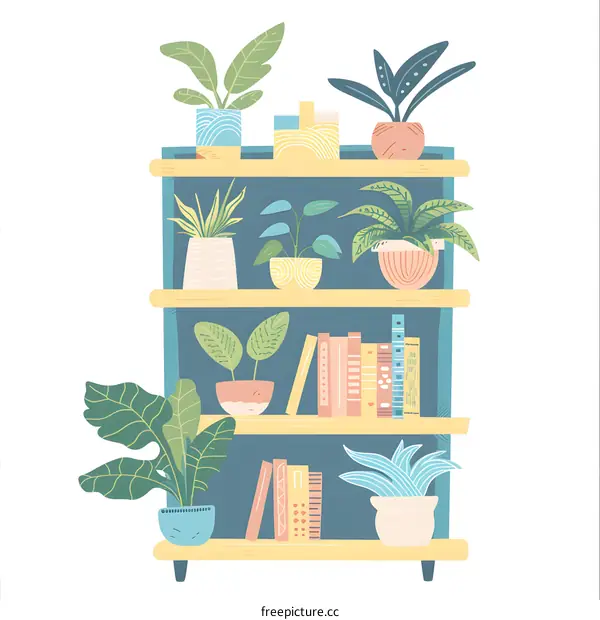Illustration of a Bookcase with Green Plants in Pots