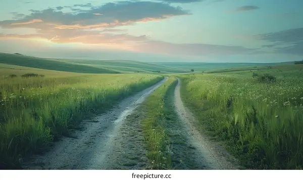 Country Road Through Green Field