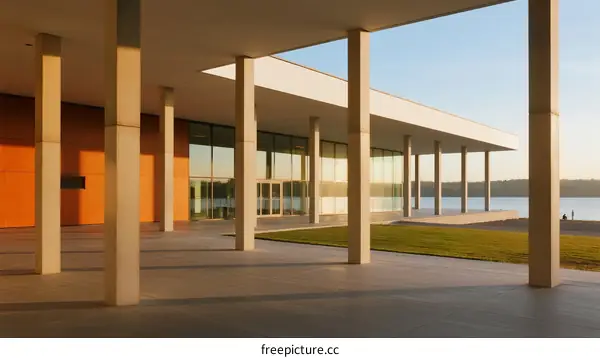 Modern Architecture Building with Columns by Waterfront