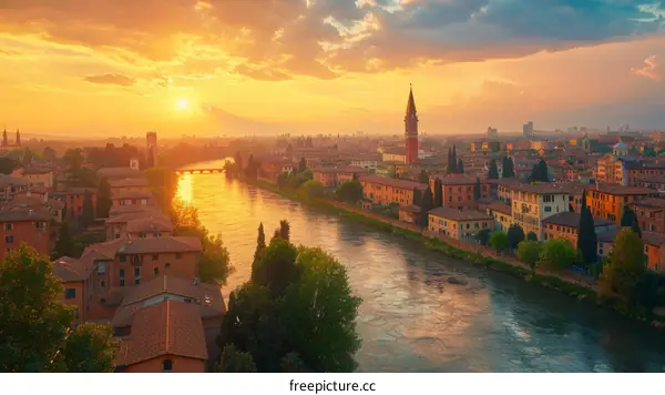 Verona Cityscape at Sunset with River Adige