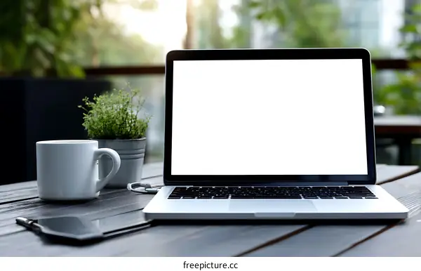 Laptop on Wooden Table Outdoor Setting