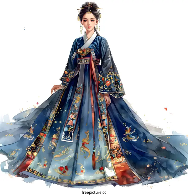 A woman wearing a traditional Chinese dress, with blue and gold accents, and a white background