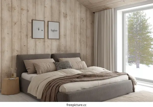 Modern Cozy Bedroom with Wooden Wall Decor