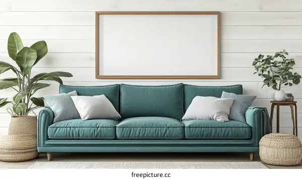 Teal Sofa Interior Design Mockup with Plants
