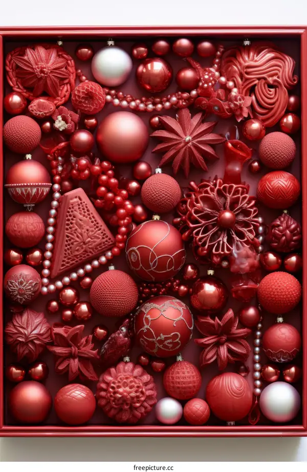 Red and pink Christmas ornaments and beads
