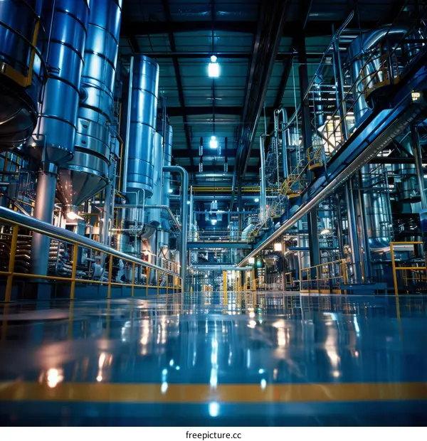 Futuristic Industrial Factory Interior with Pipelines and Storage Tanks