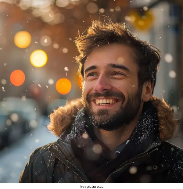 Happy Man Smiling in Snowfall