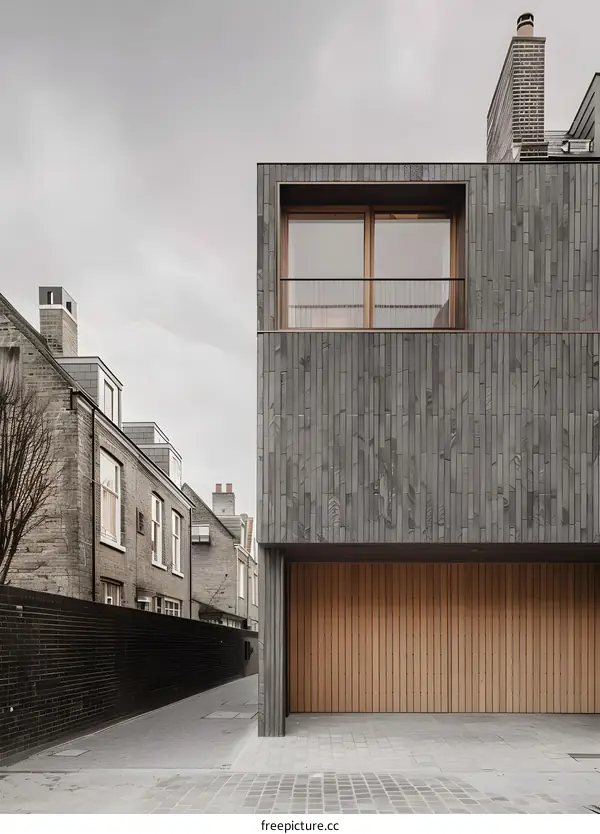 Modern Black Brick Building Facade and Garage Door