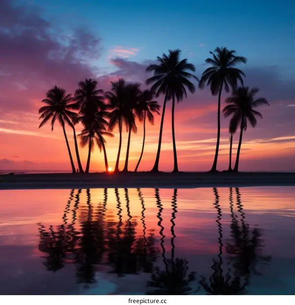 Palm trees on a tropical beach at sunset