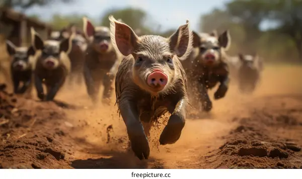 A group of wild pigs running across the African savannah