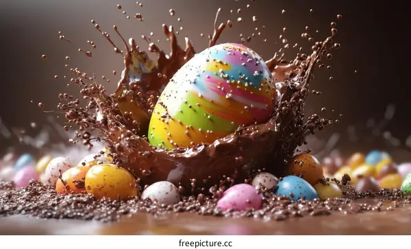Colorful Easter Egg Splashing in Melted Chocolate