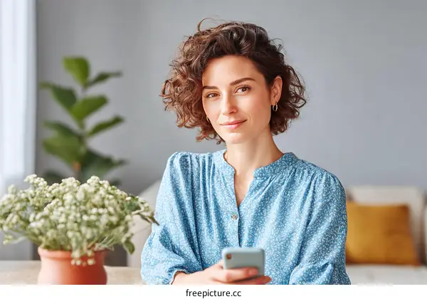 Woman Holding Smartphone in a Cozy Home Setting