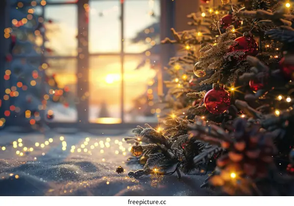 Christmas tree with decorations near the window