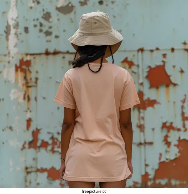 A woman wearing a hat and a long t-shirt stands with her back to the camera