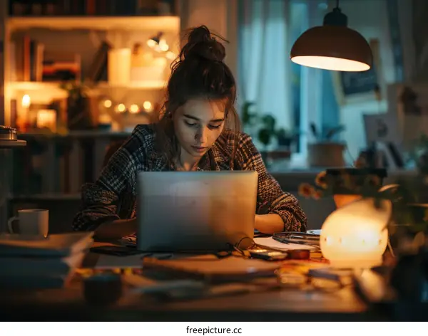 Young woman working on laptop at home in the evening