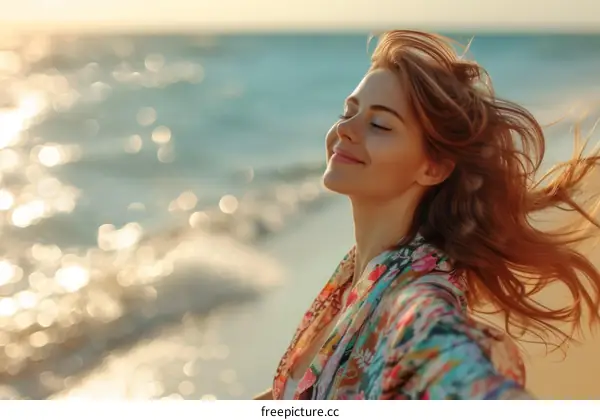 carefree woman with eyes closed enjoying the sunset on the beach