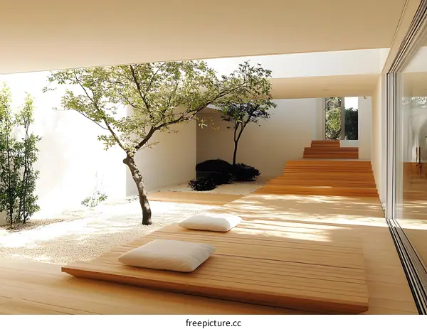 Minimalist Modern Courtyard Design With Wooden Deck and White Cushions