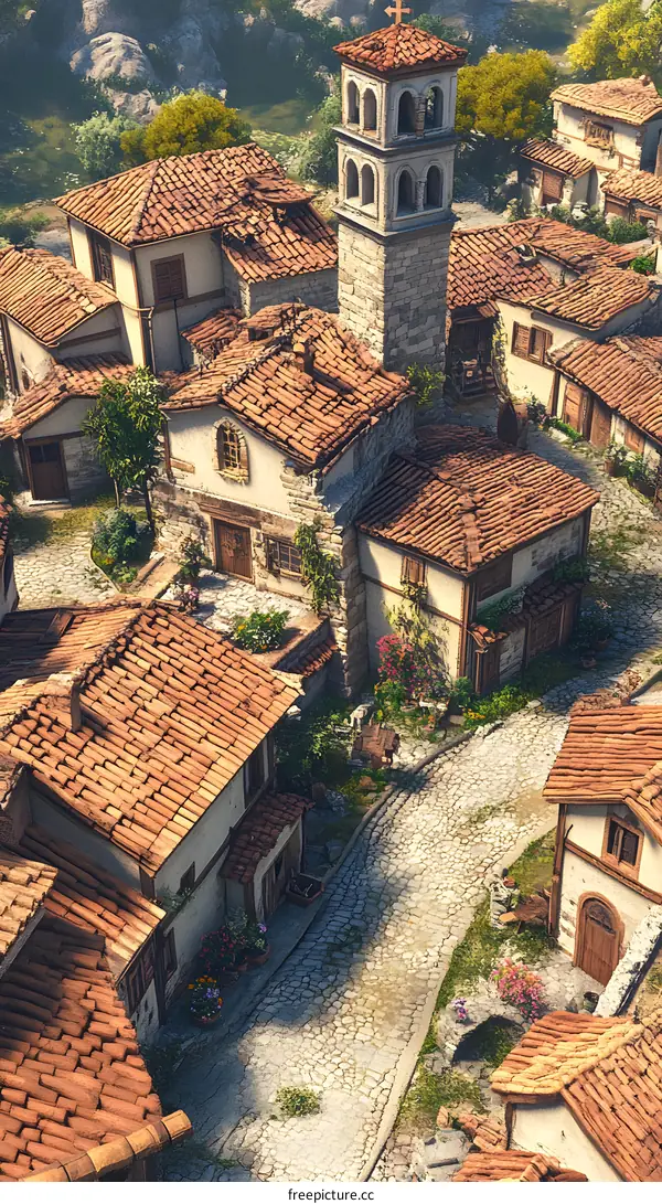 Aerial View of a European Style Village with a Church and Cobblestone Streets