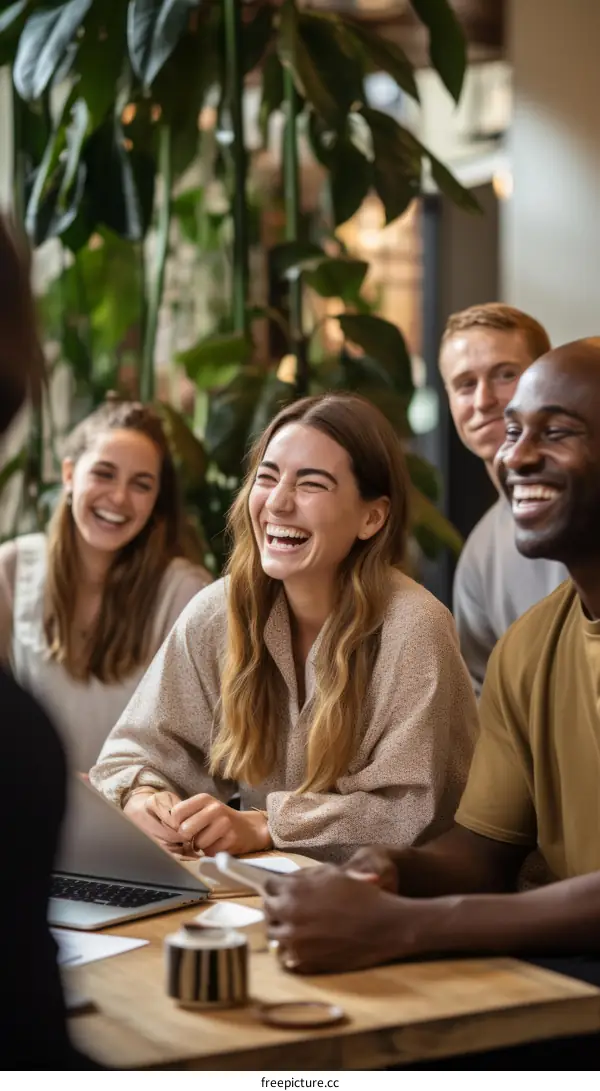 A group of four people are sitting around a table laughing.