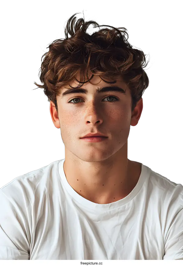 [Transparent Background PNG]Young Man With Curly Hair and Freckles