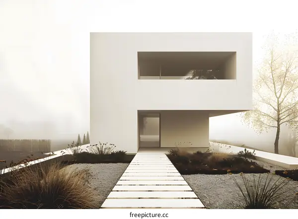 Modern Minimalist House in a Foggy Landscape