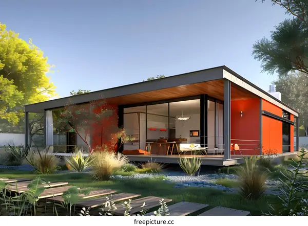 Modern minimalist house with large glass windows and a wooden deck surrounded by greenery