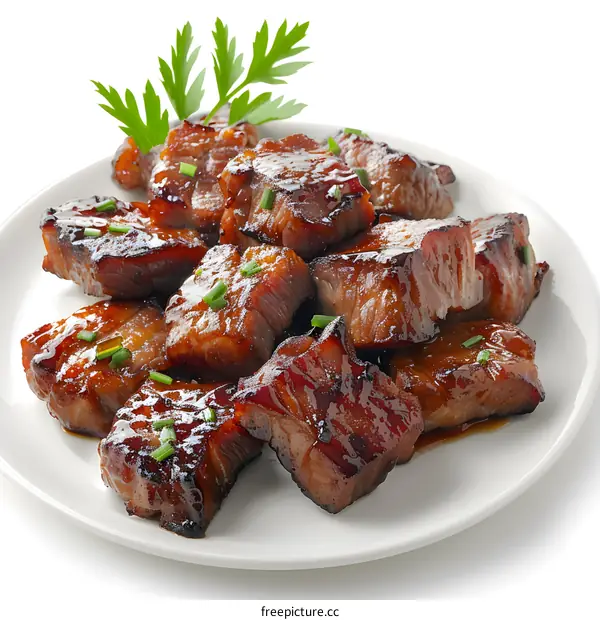 Delicious glazed pork belly on a plate