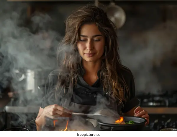 Young woman in black uniform cooking on a gas stove in the kitchen