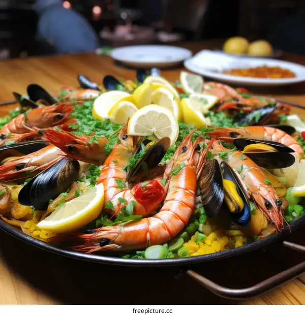 A delicious and traditional Spanish paella with seafood