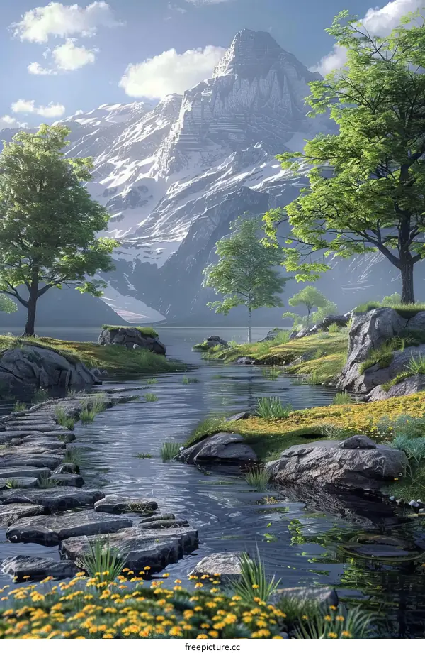 Scenic Mountain Stream in a Valley with Lush Greenery and Flowers