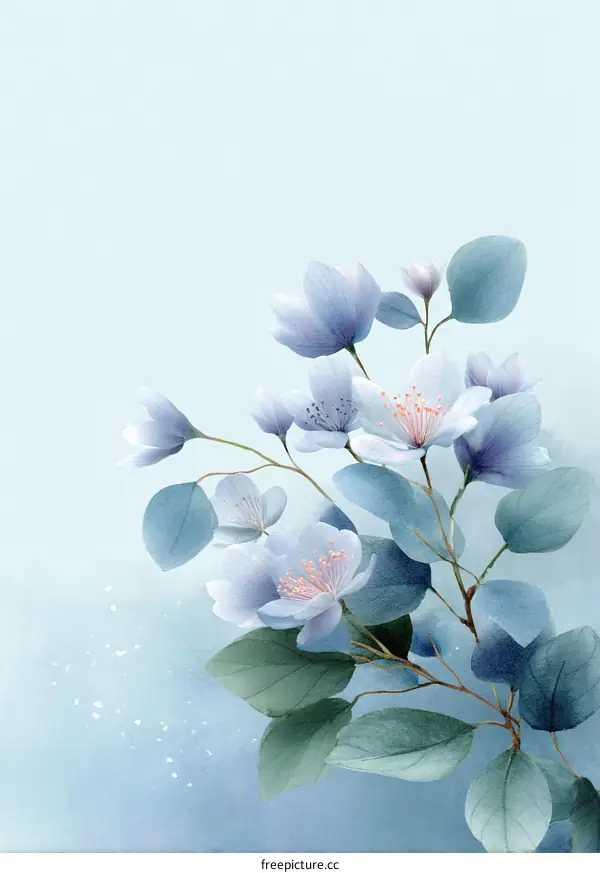 Delicate Light Blue Flowers and Leaves Design
