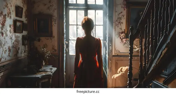 Woman in red dress standing in front of a window in an old house