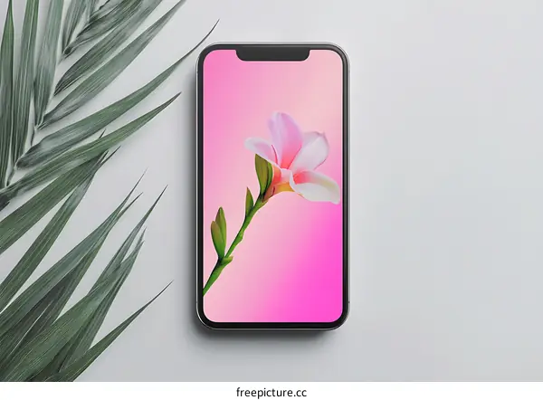 Pink Flower on Smartphone Screen with Palm Leaf
