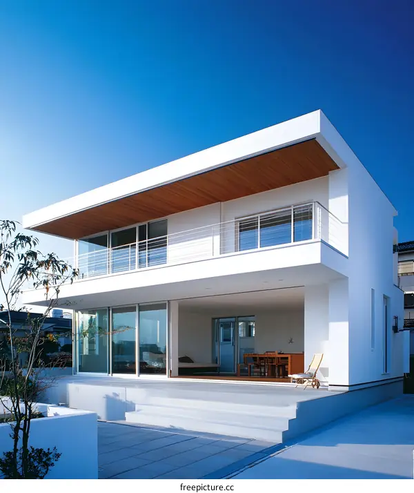 Modern White House with Large Windows and Wooden Deck