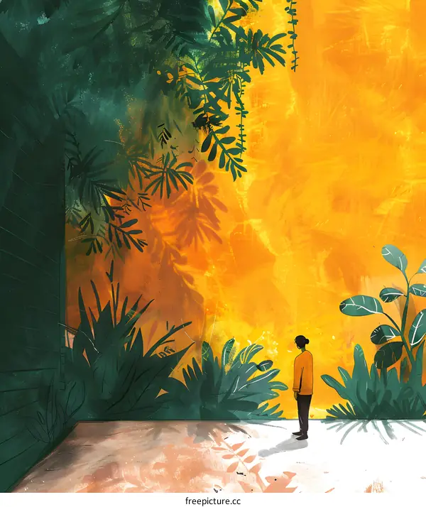 Illustration of a person standing in a lush garden