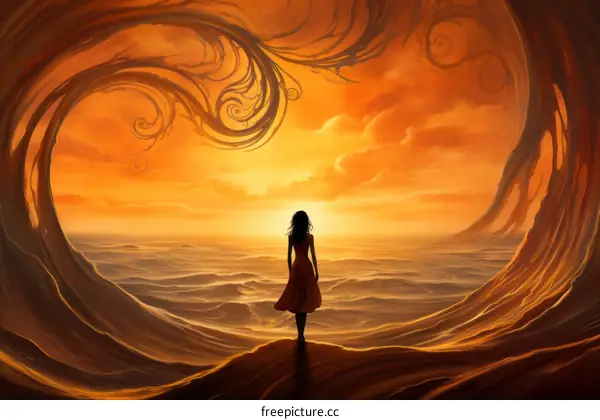 fantasy landscape painting of a girl standing on a cliff overlooking a vast ocean with a giant tree in the foreground