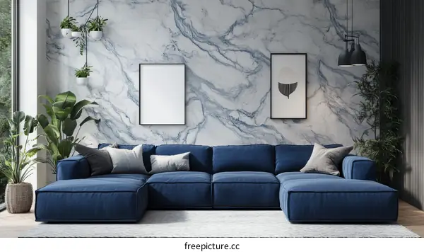 Modern Living Room with Blue Sectional Sofa