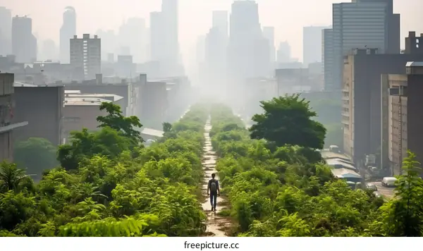 Man walking alone in a post-apocalyptic city overgrown with vegetation