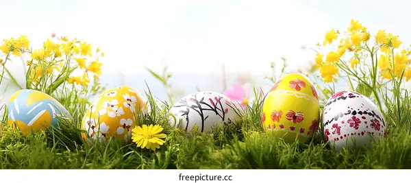 Easter Eggs in Grass with Flowers