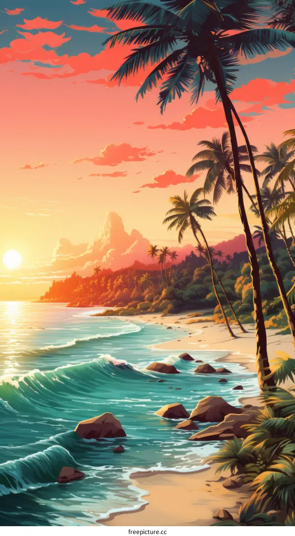 Sunset Beach Landscape with Palm Trees