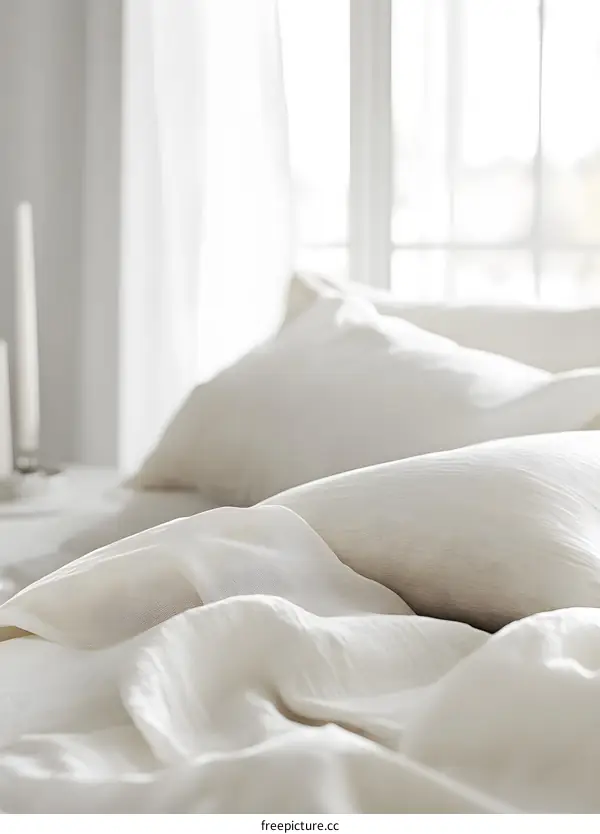 White Bed Linen and Pillows with Natural Light