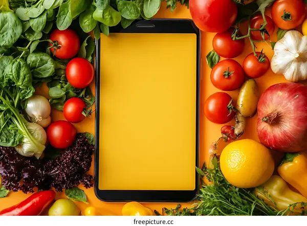 Smartphone with Fresh Vegetables and Fruits on Yellow Background