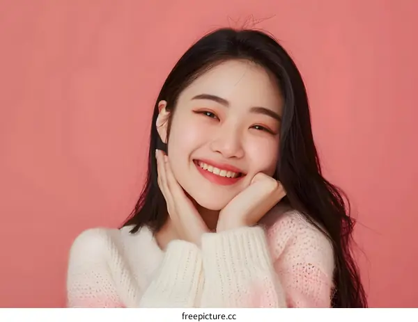 Beautiful Asian Woman Smiling With Her Hands On Her Face