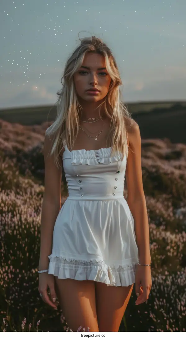 Young woman with blonde hair standing in a field of flowers