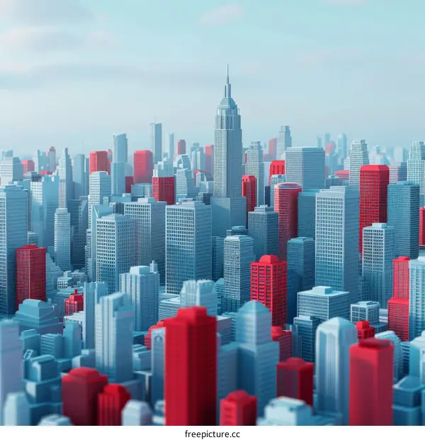 Futuristic cityscape image with abstract red and blue structures