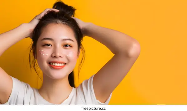 Smiling Asian Woman Applying Facial Moisturizer